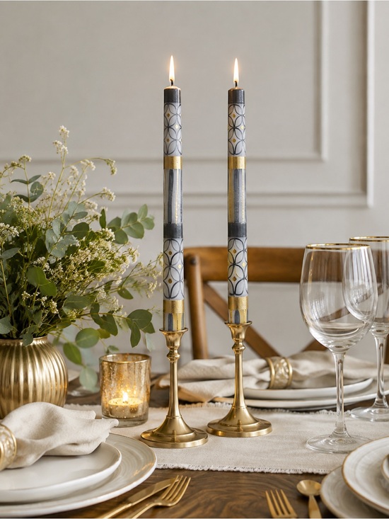 Other - Hand Painted Pair of Decorative Taper Candles in White, Gold & Gray